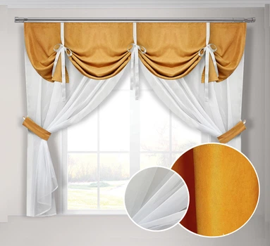 Кухонная занавеска оранжевая Adagio Windows Decor с ламбрекеном в размере 2х1,7м