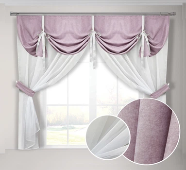 Кухонная занавеска светло-розовая Adagio Windows Decor с ламбрекеном в размере 2х1,7м