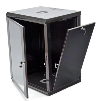 Настенный серверный шкаф 15U, 19 дюймов, 600х500х773 мм (Ш*Г*В) со стеклянной дверью, черный UA-MGSWL155B