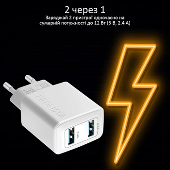Сетевое зарядное устройство Promate BiPlug 12 Вт 2 USB White (biplug.white)