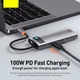 USB-хаб адаптер Type-C Baseus Metal Gleam 5в1 (Type-C, 3хUSB, HDMI, 100W) - Серый - изображение 7