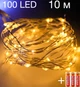 Гирлянда светодиодная нить роса 10м LED 100 на батарейках 3 шт AA и USB теплый белый цвет Gold (189756) - изображение 1