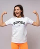 Футболка жіноча трикотажна базова однотонна з патріотичним текстовим принтом Bucha Ukraine 1901 XL біла - зображення 2