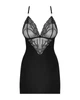 Сатиновий комплект для сну із мереживом Obsessive 828-CHE-1 chemise & thong L/XL, чорний, сорочка - зображення 5