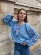 Украинская вышиванка женская голубая "Орияна" с цветочной вышивкой на льняной ткани 12226-48 (L) - изображение 2