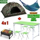 Комплект раскладной стол и 4 сула Easy Campi для пикника, кемпинга, рыбалки в чемодане Зеленый + Туристическая палатка 3х местная 2х2м Камуфляж + Складной мангал + Гамак Синий - изображение 1