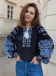 Стильная женская вышиванка черная бохо "Дерево рода" с голубой вышивкой на домотканом полотне 12298-58 (3XL) - изображение 1