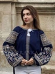Жіноча вишиванка бохо "Габріела" на темно-синій льняній тканині з геометричним орнаментов в білому і золотому кольорах 12395-60 (3XL) - зображення 1
