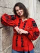 Червона жіноча вишита блуза з рішельє "Роксана" лляна вишиванка квіткова з решетилівкою і чорною вишивкою 12505-50 (XL) - зображення 5