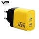 Сетевое зарядное устройство Veron TC-45 (45 Вт, PD, x2 USB Type-C, блок питания, 3A, с индикатором, быстрая зарядка) - Желтый - изображение 1