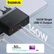 Мережевий зарядний пристрій BASEUS GaN5 Pro 160W (2 Type-C + 1 USB) з кабелем - зображення 8