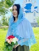 Накидка-палантин для храма Family Tradition шифон с кружевом 50 см, голубой Подснежник - изображение 3