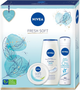 Набір косметики для догляду Nivea Fresh Soft Крем для обличчя, тіла та рук 100 мл + Гель для душу 250 мл + Дезодорант-спрей 150 мл (9005800361550) - зображення 1