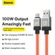 Кабель Type-C на USB з підсвічуванням Baseus CoolPlay Series Fast Charging (2m, 100W, 6A, 480 Mbps). Orange - зображення 4