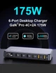Зарядна станція 175W 6-Ports GAN Charger USB-C PD3.0+QC3.0 LED дисплей Black - зображення 5