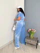 Спортивный костюм женский велюровый плюшевый с футболкой и широкими штанами с декором в виде каменных бабочек весенне-летний G&M k-118383 54-56 Размер цвет Голубой - изображение 2