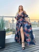 Довга сукня з яскравим принтом, на запах, з широкими рукавами Арт МОДС-05888, сині квіти розмір 54-58 - изображение 1