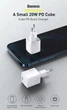 Міні мережевий зарядний пристрій Baseus Cube PD 20W Швидка зарядка з кабелем Data Cable Type-C to Lightning для Iphone 1m White - зображення 7