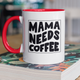 Чашка подарункова керамічна з принтом "Mama Needs Coffee" 330 мл, біла з червоною ручкою - зображення 1
