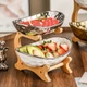 Фруктовница керамическая двухъярусная на деревянной подставке Белая с серебром - изображение 1