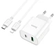 Мережевий зарядний пристрій з кабелем HOCO C80A Plus Rapido PD20W+QC3. 0 charger set(C to iP) білий - изображение 1