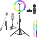 Набор для блогера 4 в 1 Кольцевая RGB лампа цветная 38 см MJ-38 с пультом Штатив 2м Петличный микрофон Селфи палка - изображение 2
