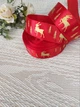 Новорічна атласна стрічка, 2.5см. Червона, "Золоті ялинки, олені" (за 1 метр) - изображение 2