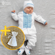 Костюм для хрещення хлопчика Мамине Сонечко 62 розмір “Мережка синя ” льон білий + мішечок для локона у подарунок ( арт.12128-2) - зображення 1