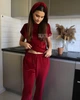 Женский велюровый комплект 5в1 цвет бордовый (халат + футболка + шорты + брюки + бьюти повязочка) L/XL 1003Б3 - А - изображение 4