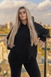 Теплый женский спортивный костюм на флисе оверсайз качественный зимний трехнить пенье утепленный с капюшоном черный 56/58 - изображение 4