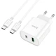 Мережевий зарядний пристрій з кабелем HOCO C80A Plus Rapido PD20W+QC3. 0 charger set(Type-C to Type-C) білий - изображение 1