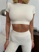 Спортивный женский костюм Hot с имитацией белья для фитнеса и йоги (кроп-топ футболка + леггинсы) c двойным Push Up Однотонный L Молочный (JB02_HOTL) - изображение 8