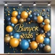 Фотозона на випускний Випуск 2026 вінок із синіх та золотих кульок на темному фоні банер 160x160см, №41002 - зображення 1