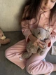 Детская пижама в клеточку с мишкой рубашка и брюки розовая 110 см - изображение 3