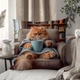 Декоративна подушка з принтом рудого пухнастого кота з чашкою 3D ПРИНТ 35 х 35 см 13413 - зображення 1