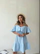 Муслиновое летнее платье женское короткое с открытыми плечами приталенное однотонное муслин 42-44 голубое - изображение 1