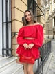 Женский легкий костюм на лето двойка топ и юбка короткая из муслина размер универсал 42-46 красный IB 8041 - изображение 4