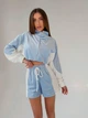 Летний велюровый спортивный костюм женский тройка (кроп-кофта на молнии, топ и шорты) велюр плюш 44-46 голубой + молочный - изображение 8