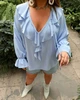 Блуза женская из блузочной вискозы с воланами и V образным вырезом весенне-летняя G&M k-130071 54-58 Размер цвет голубой - изображение 4