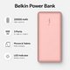 Повербанк Belkin 20000 мАг Li-Ion 15 Вт 2хUSB-A/USB-C світлодіодна індикація Рожевий (BPB012BTRG) - зображення 2