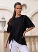 Оверсайз трикотажная однотонная футболка с кулиской ISSA PLUS 15720 XL черная (issa2007682831821) - изображение 1