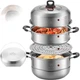 Пароварка з нержавіючої сталі Maxcook, двошарова пароварка та каструля для супу 26 см, кришка з високим куполом та датчиком температури, одне дно для газових та індукційних плит, універсальна MCZ972 - изображение 1