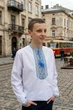 Вишиванка для хлопчика біла Козак, вишивка хрестиком, довгий рукав, повсякденна, 146, синьо-жовтий - зображення 5