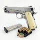 Стартовый пистолет Kuzey 911 SX shiny chrome, белые ручки, с магазином (Colt 1911) + 25 патронов - изображение 1