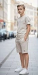 Детский летний костюм MONCLER (футболка + шорты) для мальчика 98-104 см бежевый - изображение 3