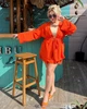Костюм женский из американского крепа двойка с удлиненным кимоно на запах и свободными шортами на резинке летний больших размеров G&M k-130841 56-58 Размер цвет оранжевый - изображение 1
