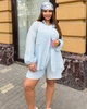 Костюм жіночий лляний двойка із сорочкою й вільними шортами оверсайз літній великих розмірів G&M k-130781 60-62 Розмір колір блакитний - зображення 4