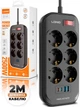 Мережевий фільтр подовжувач 6 розеток з 4 USB 2 м із захистом із заземленням зі швидким заряджанням PD 20W Ldnio 2500W 10A Black - зображення 1