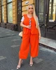 Костюм женский тройка из льна жатки и хлопкового кулира с жилетом на пуговицах футболкой и свободными укороченными брюками высокой посадки больших размеров G&M k-130969 54-56 Размер цвет оранжевый - изображение 1