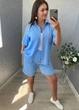 Костюм женский двойка с рубашкой на пуговицах и шортами на резинке из ткани лен-котон G&M k-131203 48-50 Размер цвет голубой - зображення 1